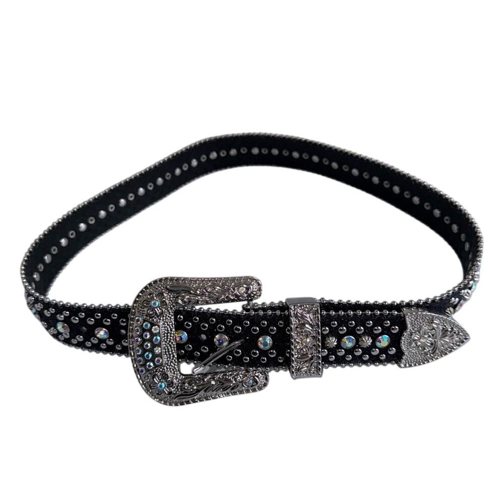 VINTAGE Y2K Black Rhinestone Western Cowgirl Rodeo Belt with Silver Buckle 36 in